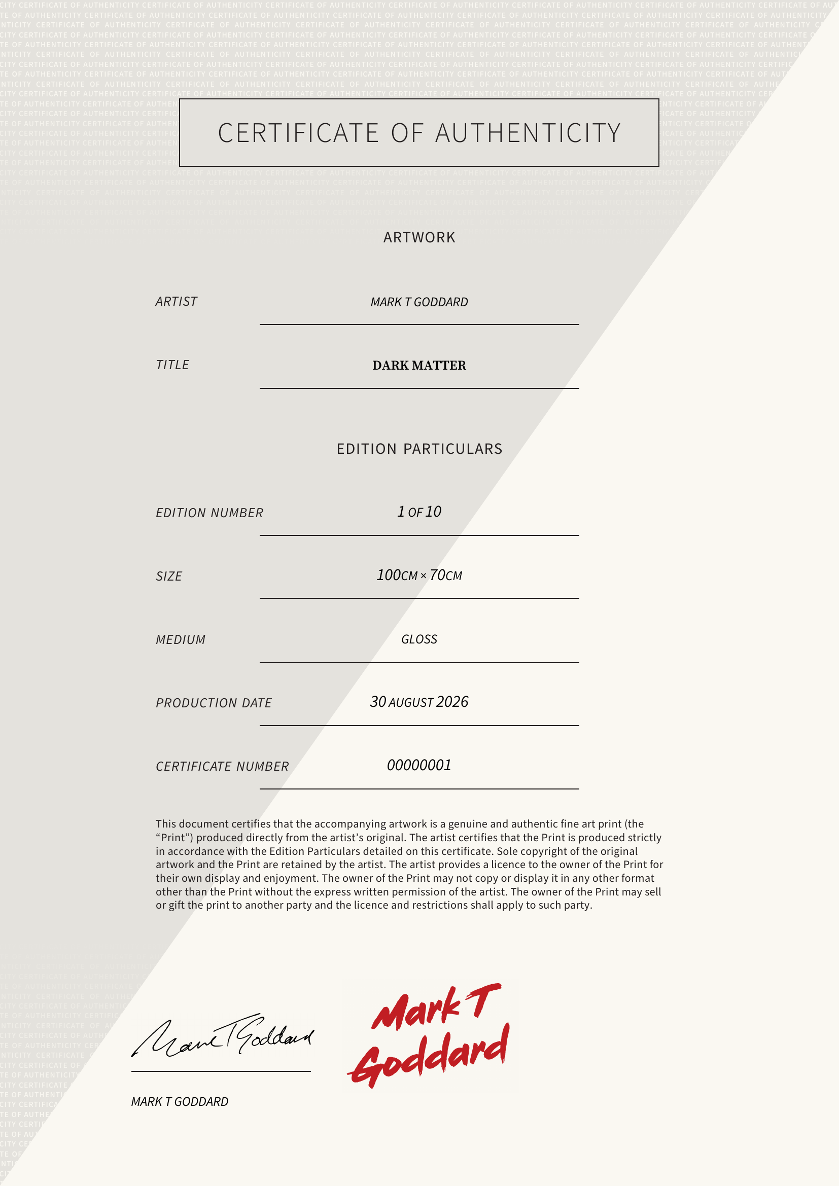 Dark Matter — Certificate of Authenticity