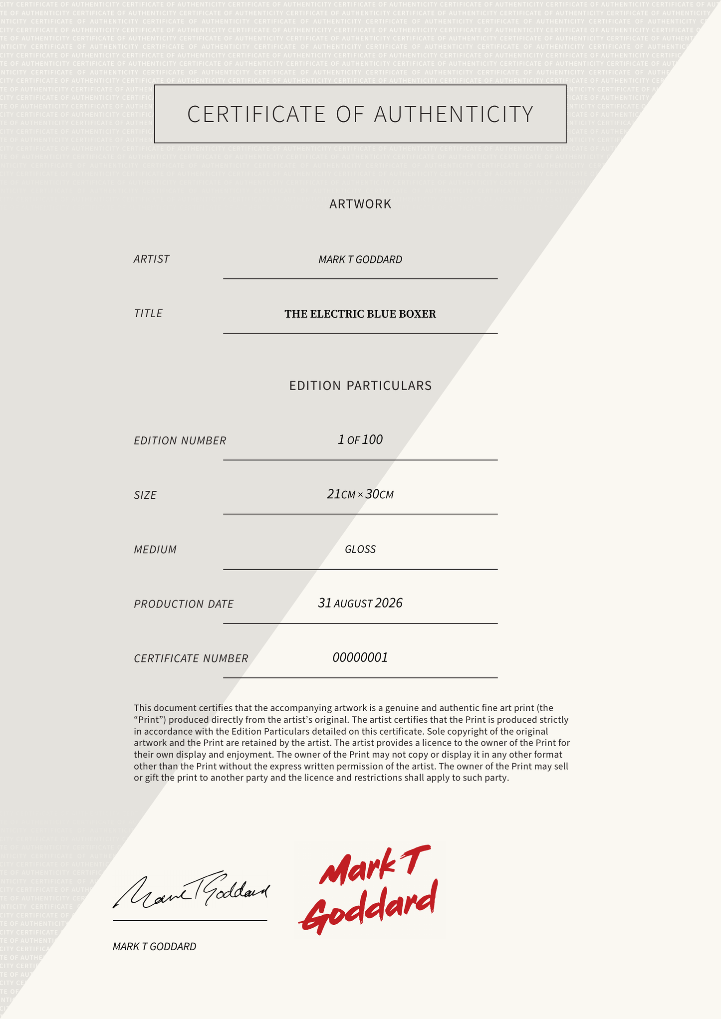 The Electric Blue Boxer — Certificate of Authenticity